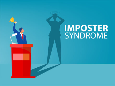 Imposter syndrome.man standing for her present profile with fear shadow behind. Anxiety and lack of self confidence at work; the person fakes is someone else concept