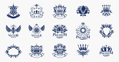 Classic style De Lis and crowns emblems big set, lily flower symbol ancient heraldic awards and labels collection, classical heraldry design elements, family or business emblems. © Sylverarts