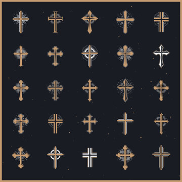 Vintage Christian crosses vector logos or emblems, heraldic design elements big set, classic style heraldry religion symbols, antique designs.