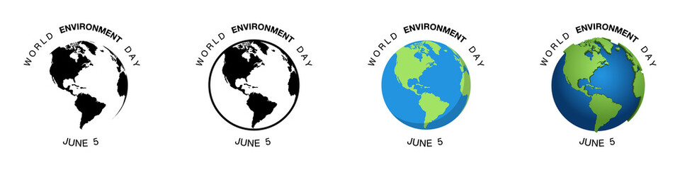 World Environment Day. June 5. Earth Globe in different designs. World Map in circle. Earth Globes collection. World Map in modern simple styles. Earth Map, isolated. Vector illustration