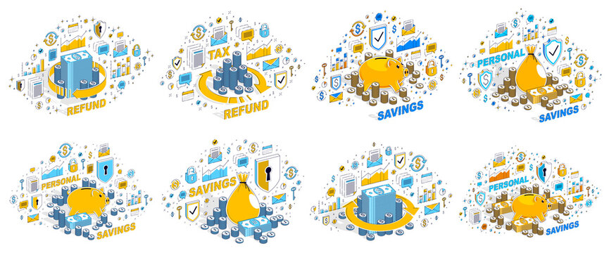 Money business and finance different 3D vector concept designs isolated over white background, perfect illustrations on financial theme collection.