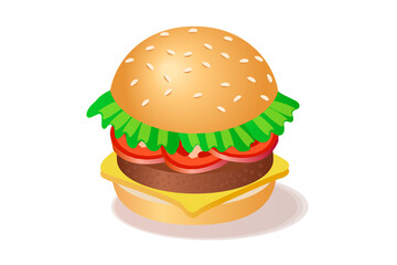 hamburger illustration, burger illustration with meat, tomatos and cheese