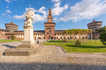 Amazing panoramic inner courtyard of the Sforzesco castle and the main tower,sunny day and clouds, Milan,Italy © robertobinetti70
