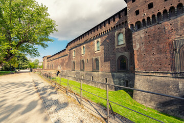 Old medieval Sforza Castle,sunny day and clouds,Milan ,Italy.