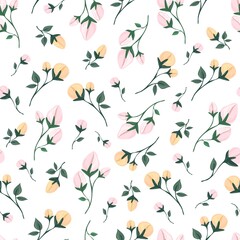 Delicate spring flowers and leaves. Seamless pattern. Botanical print for sandstone on fabric, paper, packaging. Isolated background.