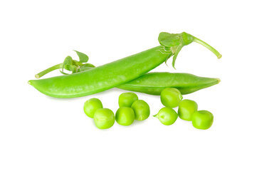 Ripe peas bean with green leaf isolated on white background