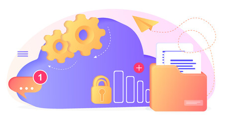 Fototapeta premium Database with cloud server, Data set, process, classification, database. Company process development structure. Data Center concept based. Business organization with circle gear mechanism. Web banner