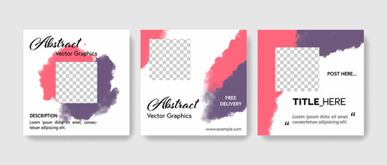 Trendy minimalistic social media layouts with vector watercolor backgrounds, purple and red elements, instagram and facebook templates for bloggers or influencers	