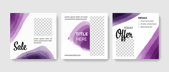 Set of asquare watercolor social media layouts with purple gradient accent, square sale template for instagram and facebook, brush vector background for product presentation	
