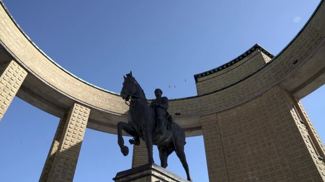 The King Albert I Memorial monument in Nieuwpoort, Belgium, wide low angle shot