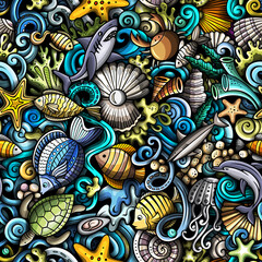 Cartoon doodles Sea Life seamless pattern.