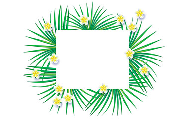 Obraz premium Palm leaves tropical necklace lei flowers. White background with tropical frame. Summer background with green leaves and flowers
