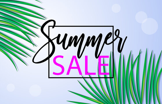 Summer sale background with green palm leaves. Hello summer travel vacation concept. Green nature tropical palm leaf. Summer sale. Vector background for banner, poster, flyer, postcard, cover
