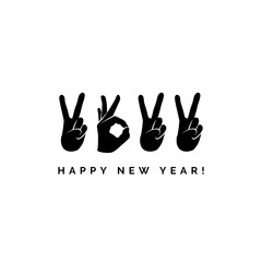 Concept design with fingers. Happy New Year 2022 logo text design. Sign of Victory and sign of OK. Freedom, good, peace, excellent, like. Best wishes. Unusual modern presentation. Great ides.