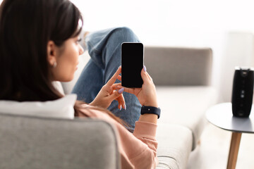 Back view of woman using phone with empty mockup screen