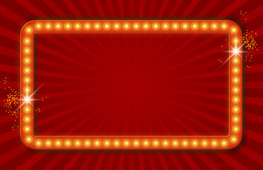 Red rectangular retro frame with glowing lamps. Vector illustration with shining lights in vintage style. Vector retro signboard, lightbox. Light banner, vintage bright billboard for advertising