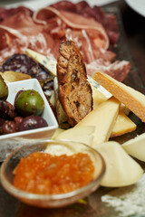 plate with cheese and meat close-up. selective focus