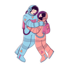 Lovers in space suits, in space. Space tourism, exploration, flight to mars.