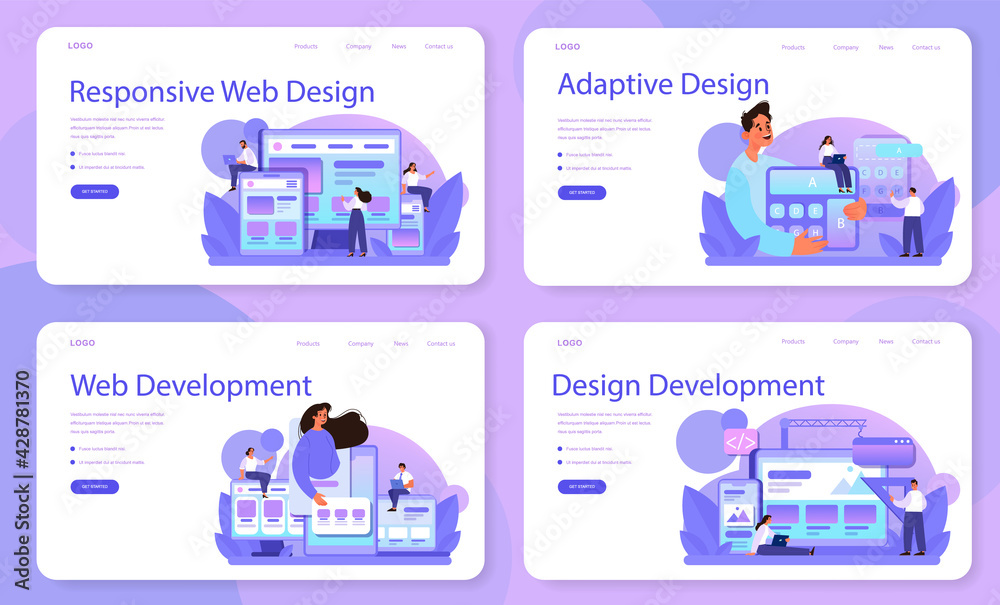 Poster responsive web design web banner or landing page set. adaptive content