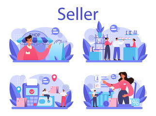 Naklejka premium Seller concept set. Professional worker in the supermarket, shop, store.