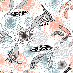 Modern artistic illustration pattern.Pastel tone boho foliage line art drawn with abstract circular shapes.Botanical endless wallpaper.Creative collage with textures.Fashionable template for design.