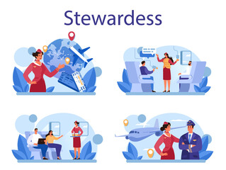 Stewardess concept set. Flight attendants help passenger in airplane