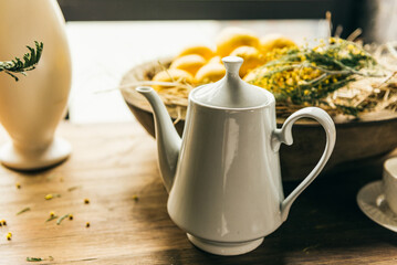 Lemons on the table. Tea with lemon. Healthy eating.