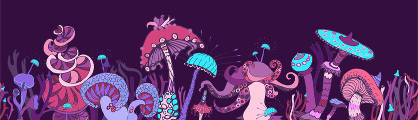 Fantasy seamless border with various mushrooms. Beautiful magic landscape, hand drawn concept background. Vector illustration. © Елена Рябцева