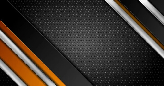 Technology orange and black abstract motion background with metallic stripes and perforated texture. Seamless looping. Video animation 4K 4096x2160