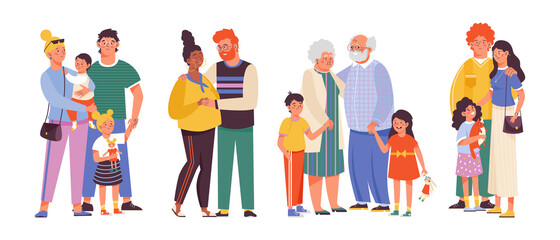 Happy families hug and love each other a flat vector isolated illustrations.