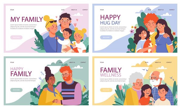 Happy families hug and love each other a set of vector landing pages templates