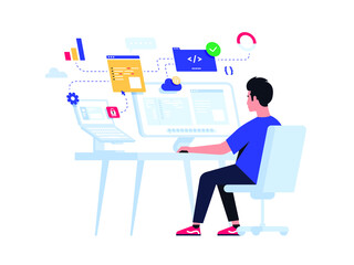 Young programmer concentrated at working project. Developing programming and coding technologies. Screen with codes, developer at work with task. Geek coding software with laptop and pc. Isolated.