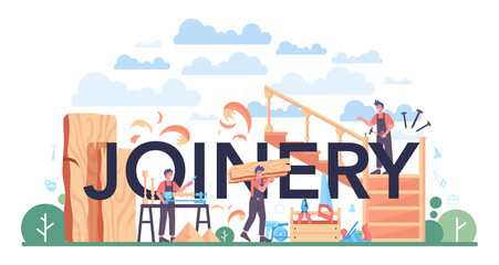Joiner typographic header. Wooden furniture constructor working