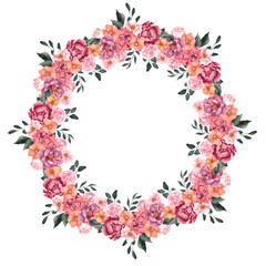 Watercolor wreath with fruit and flowers, isolated on white background