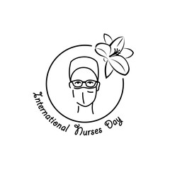 International Nurses Day linear medical icon. Vector abstract illustration of a nurse wearing medical protective face mask and glasses and flower. Linear emblem for Nurse Day celebration