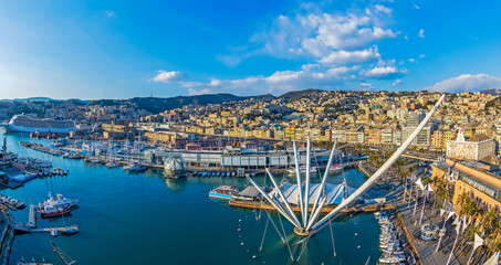 Panoramic view of port of Genoa, Italy - 428784334