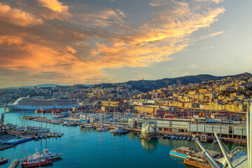 Panoramic view of port of Genoa, Italy