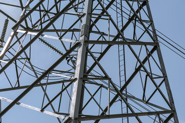 Close up steels of high voltage electric tower