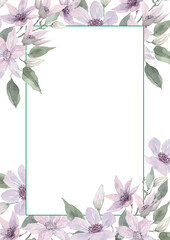 Fototapeta na wymiar Lilac clematis flowers with delicate buds and green leaves adorn a rectangular frame. Watercolor on a white background for cards, invitations, covers, banners, prints, background.