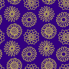 Line flowers. Floral seamless pattern. Doodle vector set. Hand drawn sketch. Chamomile, sunflower, aster, lotus and gerbera. Types of flowers