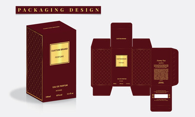 Luxury Perfume Packaging Box Design, 3d Box die line, Box Mockup labels, frames and Design elements, 3d Illustration, Vector design Template.