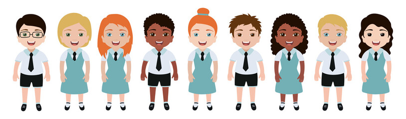 Children. Kids faces. Smiling school boys and girls set. Isolated vector illustration. Multiethnic people. Cartoon avatars collection. Young teenagers female and male. Back to school