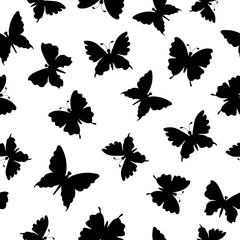 Black silhouettes of butterflies on a white background. Insects. Seamless doodle summer pattern. Suitable for packaging, textile, wallpaper.
