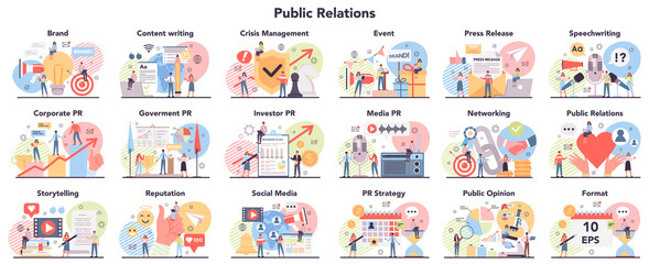 Big public relations. PR technologies collection. Brand advertising strategy,