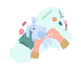 Top view on hands in process of sewing bunny toy, flat vector illustration.