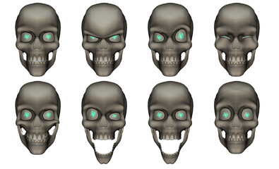 A group of skulls with different expressions of emotions. 3d illustration