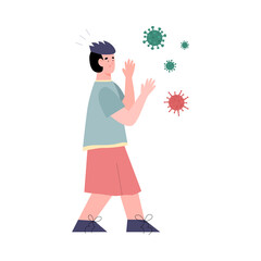 Man afraid of viruses and germs, flat vector illustration isolated on white.