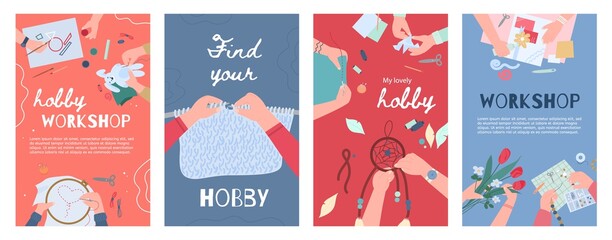 Creative hobby workshop collection of posters flat vector illustration.