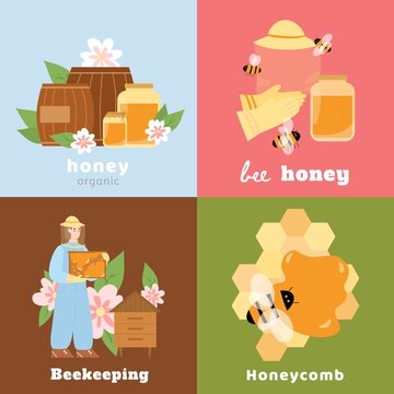 Square banners set for honey beekeeping products, cartoon vector illustration.