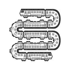 long train like a snake sketch engraving vector illustration. T-shirt apparel print design. Scratch board imitation. Black and white hand drawn image.